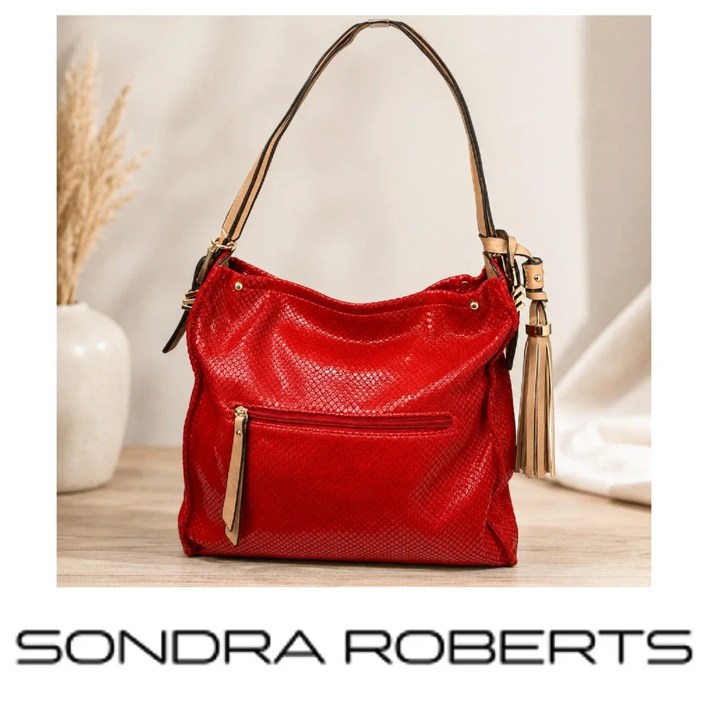 Sondra Roberts Squared Red Snakeskin Print Slouchy Shoulder Bag Tassel Hobo
